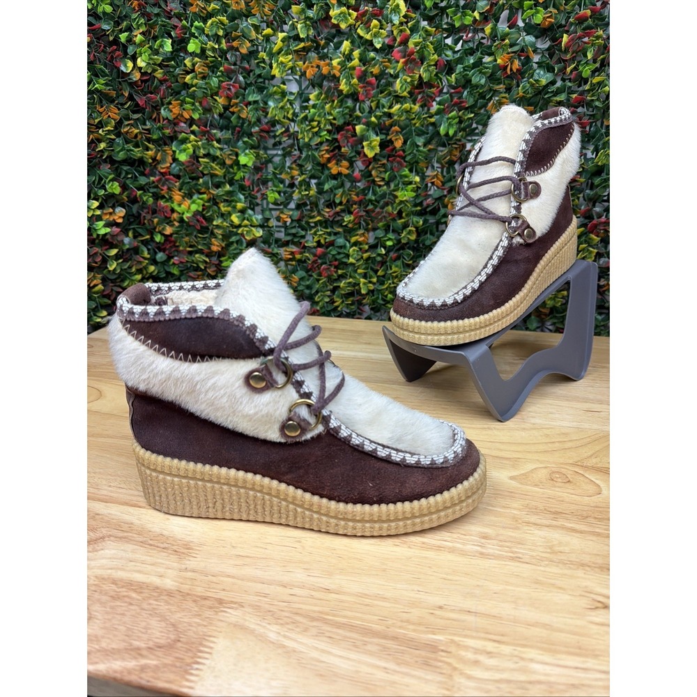 Winter Boots Faux‎ Leather Fleece Lined Lace Up Wedge Brown Women 8 Vintage 70s